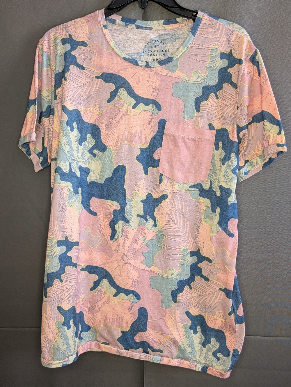 Jack & Jones Pink Camo Short Sleeve Pocket Tee with Blue & Cream Accents